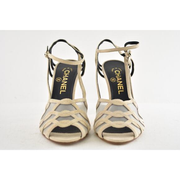 Chanel 18C Beige Suede Mesh CC Logo Strappy Ankle Strap Sandals Heel Pump 37 - Picture 5 of 12